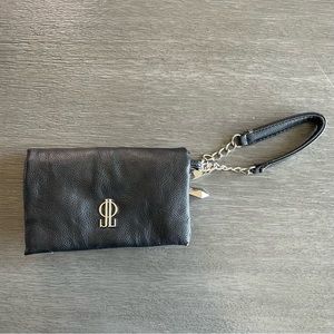 Jennifer Lopez Black Leather Fold Over Soft Wristlet Clutch Black